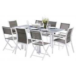 Ensemble Modulo Full Verre Blanc Table 4/8 places + 4 Fauteuils + 4 Chaises pliantes