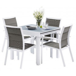 Ensemble Modulo Full Verre Blanc Table 4/8 places + 4 Fauteuils